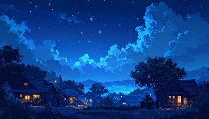 Small Village Night Sky with Warm Lights Banner
