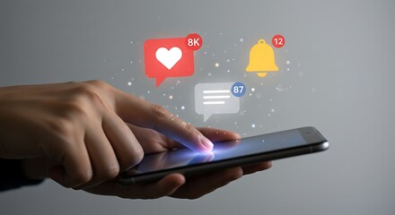 Person using smartphone with social media notifications icons and digital effect