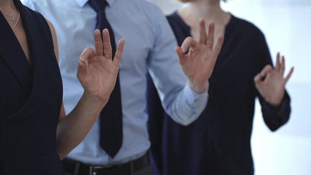 Business people showing ok gesture, affirming agreement, teamwork, and success, expressing satisfaction, approval, and support in a professional setting