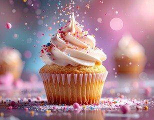 Festive Cupcake: A single cupcake, adorned with swirls of creamy frosting and a cascade of colorful sprinkles, stands as a delicious emblem of celebration and joy.