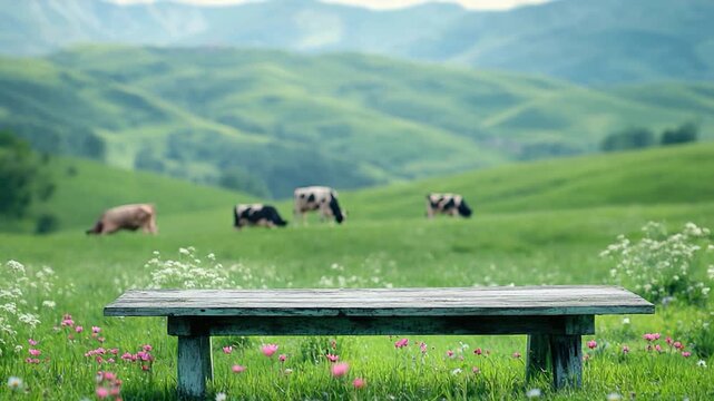 A simple wooden bench situated in a lush green field with grazing cattle in the background