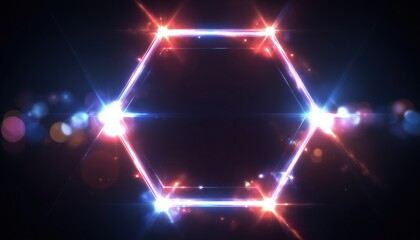 Glowing Abstract Neon Sign With Pentagon Shape And Customizable Blank Space On Dark Background, Flaring Bright Sparkles.
