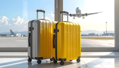 Two suitcases at airport travel concept with airplane taking off