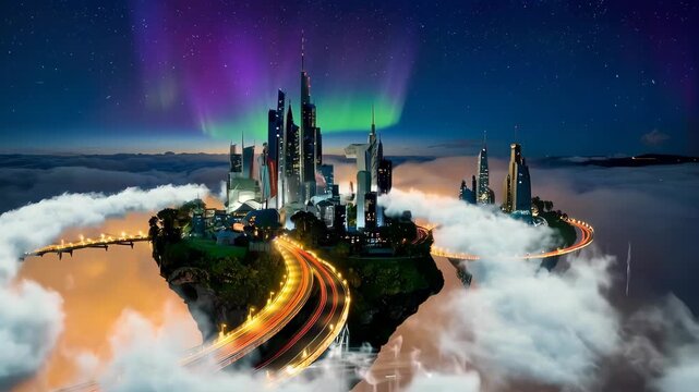 A city suspended among clouds and shimmering auroras