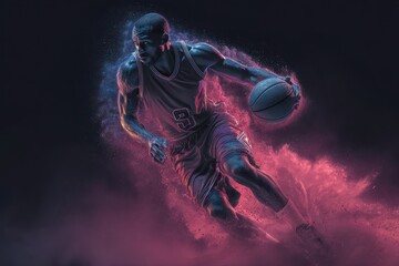 Fototapeta premium Basketball Player in Action: Focused athlete dribbling, energy explosion effect, dark background. Excitement and intensity.