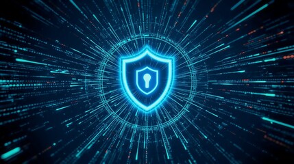 Cyber Security Shield and Lock Icon over Abstract Digital Data Network Background.