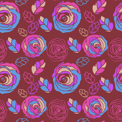 Seamless Pattern with Colorful Roses and Leaves on Burgundy Background