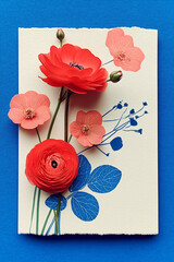 Modern Floral Collage with Red Ranunculus and Botanical Blue Print on Paper
