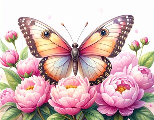 A beautiful artistic illustration of a colorful butterfly with open wings resting on a lush bouquet of pink peony flowers.
