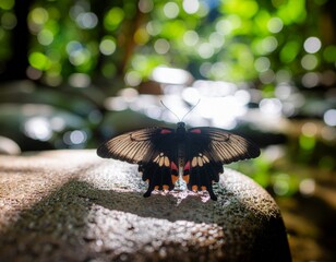 A beautiful black swallowtail butterfly with red and white markings rests on a sunlit rock in a lush green forest.