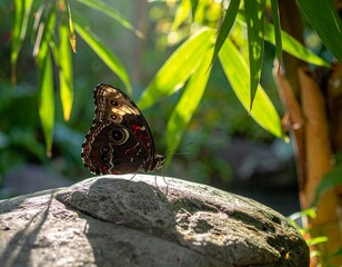 A brown Morpho butterfly with large eyespots on its closed wings perches on a grey rock under sunlit green leaves.