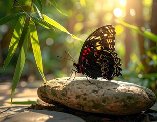 A beautiful dark butterfly with red and yellow spots rests on a stone in a tranquil, sunlit garden with bamboo leaves.