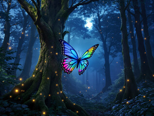 A vibrant rainbow butterfly hovers in a magical moonlit forest filled with glowing fireflies and mystical light.
