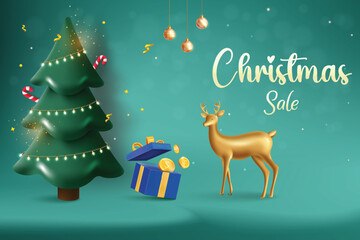 Realistic Christmas Tree With Hanging Lights, Giftbox And Deer On Green Color Background. Xmas Festive Sale Banner For Offer Promotion, Greetings Card, Website, Advertisement, E-commerce.