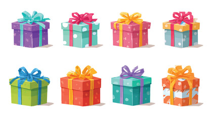 Fototapeta premium Group of festive and colorful gift boxes with ribbons and bows celebration theme illustration