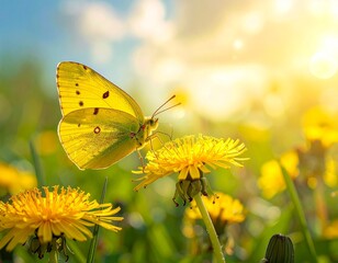A vibrant yellow butterfly rests on a dandelion flower in a sun-drenched meadow on a beautiful spring day.