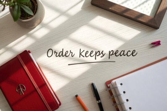 Red binder with quote on desk workspace