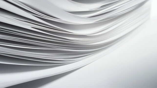 Sheets of Paper: A stack of papers layered to create dynamic visual flow of crisp white surfaces and subtle shadows. Purity and organization.