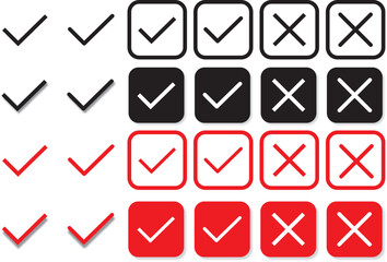 Check mark icons button set. Check box icon with right and wrong buttons and yes or no. green check mark and red cross mark icon set. approval and Decline