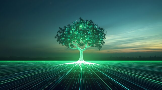 Digital Eco-System Tree with Glowing Data Leaves and Root Network

 - Powered by Adobe