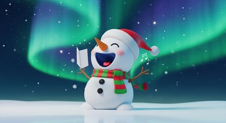 Happy cartoon snowman singing with aurora borealis in the night sky