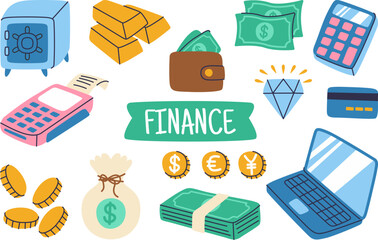 Finance themed collage featuring a safe, cash, coins, wallet, credit card, calculator, diamond, laptop, and money bag, conveying money, budgeting, banking, and financial planning in a dynamic, modern 