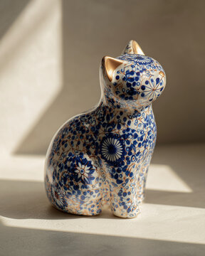 Blue cat porcelain figurine on a light background