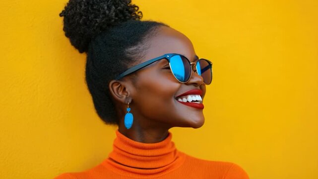 A woman wearing sunglasses and a turtle neck sweater on a casual day out