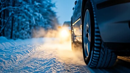 Car wheel with snow on a winter tire driving on a slippery road at night. Dangerous driving condition concept footage.