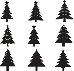 Fototapeta premium Collection of silhouetted christmas trees in various styles