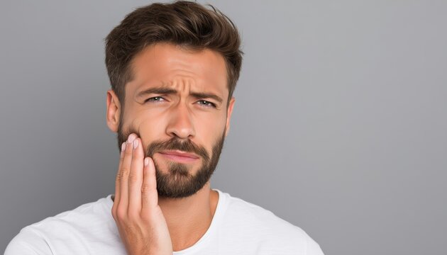 Young Male Experiencing Toothache, Holding Cheek In Pain, Indoor Portrait With Painful Expression, Suffering From Severe Tooth Ache.
