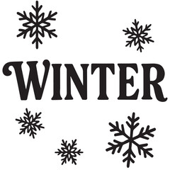 Minimal black winter text with surrounding snowflakes on white background, perfect for seasonal, holiday, Christmas, and cold weather themed graphic and decoration projects