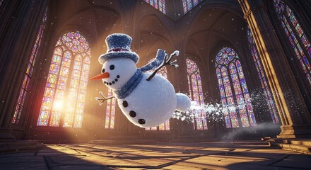 A whimsical snowman in a top hat flying inside a grand hall