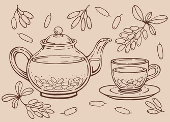 Hand drawn teapot, cup, barberry. Vector illustration in outline style.