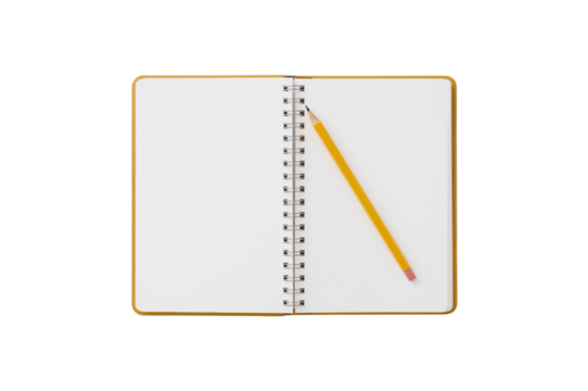 Open Spiral Notebook with Blank Pages and a Yellow Pencil Resting Inside on a Dark Background
