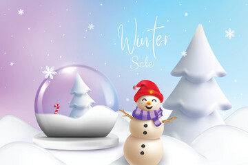Realistic Snow Globe With Snowman On Purple Blue Background. Winter Theme Christmas Sale Concept For Discount Sale Offer Promotion, Greetings Card, Website, Advertisement, E-commerce.