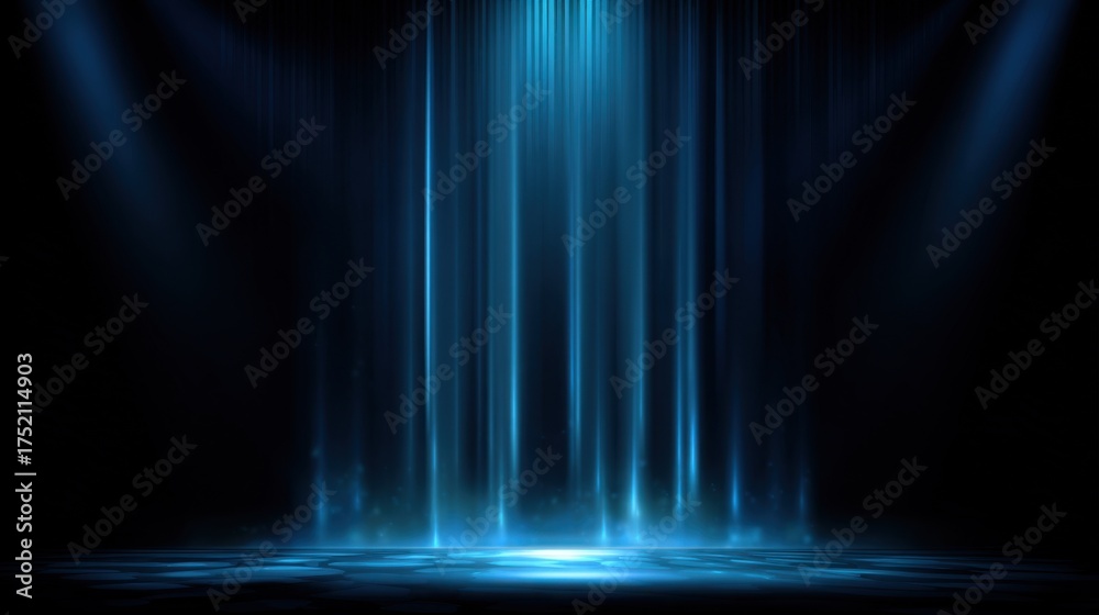 Wall mural abstract blue stage background with a spotlight and vertical glowing lines