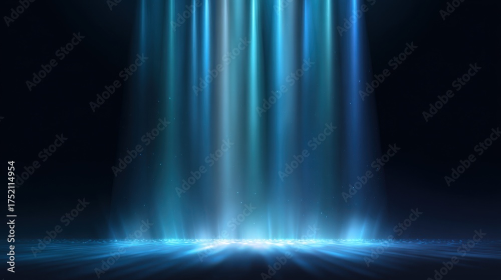 Wall mural abstract blue stage background with a spotlight and vertical glowing lines