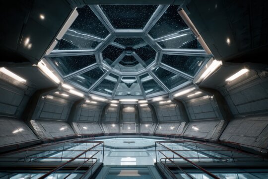 Interior of a futuristic space station with a large window showing a starry expanse. Modern architecture and artificial light. - Powered by Adobe