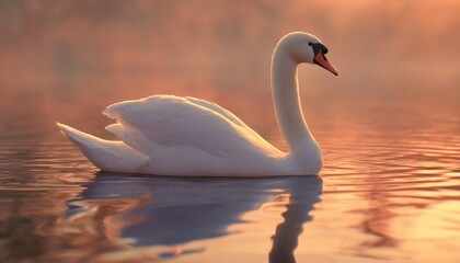 Fototapeta premium Graceful Swan Gliding On Tranquil Waters As The Sun Rises, Creating A Serene And Picturesque Scene On The Horizon.