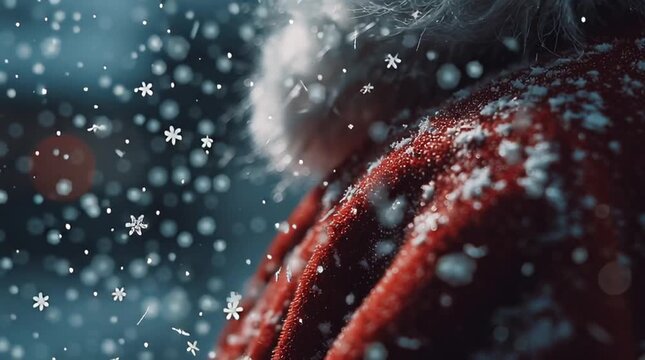 Cinematic macro of delicate snowflakes landing on Santa&rsquo;s red coat, blending warm festive reds with cool blue winter tones in a magical, soft-focus Christmas scene.
