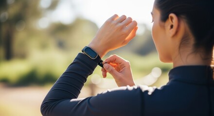 A woman adjusts her fitness tracker on her wrist in a sunny outdoor park. The active atmosphere and natural style highlight health, fitness, and modern technology.