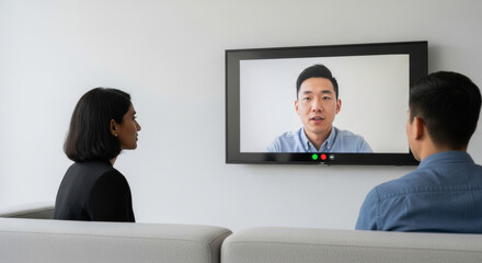 Two office employees viewing a video conference call on a wall-mounted screen with remote participants, team collaboration and virtual meeting in a professional conference room setting.