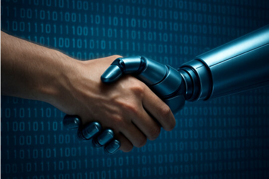 Human and robot handshake symbolizing technology partnership and future