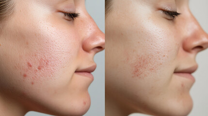 Skin transformation: Side-by-side comparison showcasing a facial skin improvement. Reduction of acne and large pores for a smoother complexion.