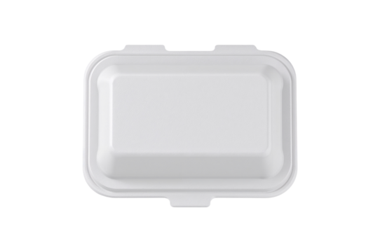 White styrofoam food container isolated on black background ready for your takeout or delivery food order