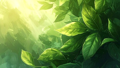 A lush illustration of vibrant green leaves illuminated by golden sunlight. The scene evokes a feeling of freshness and nature