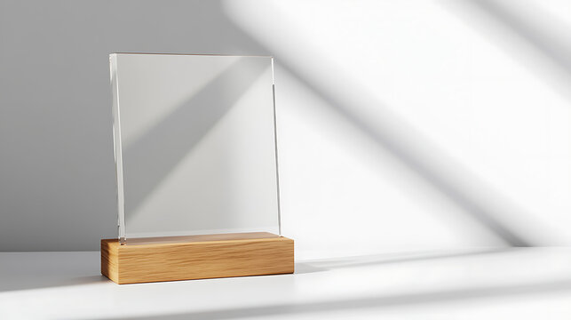Sleek clear acrylic display with a wood base on a light surface with shadows, suitable for showcasing photos, menus, or promotional materials.