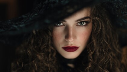 Fototapeta premium Enchanting Witch Woman With Long Curly Hair And Flawless Makeup In A Black Hat, Green Background. Perfect Halloween Costume With Copy Space.