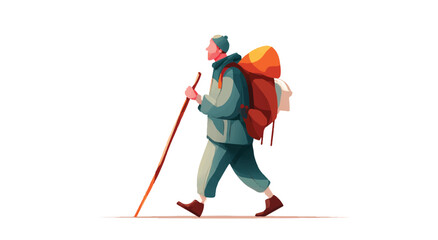 Fototapeta premium Hiker with Backpack and Walking Stick Illustration Depicting Solitude Exploration and Connection to Nature for Adventure Seekers